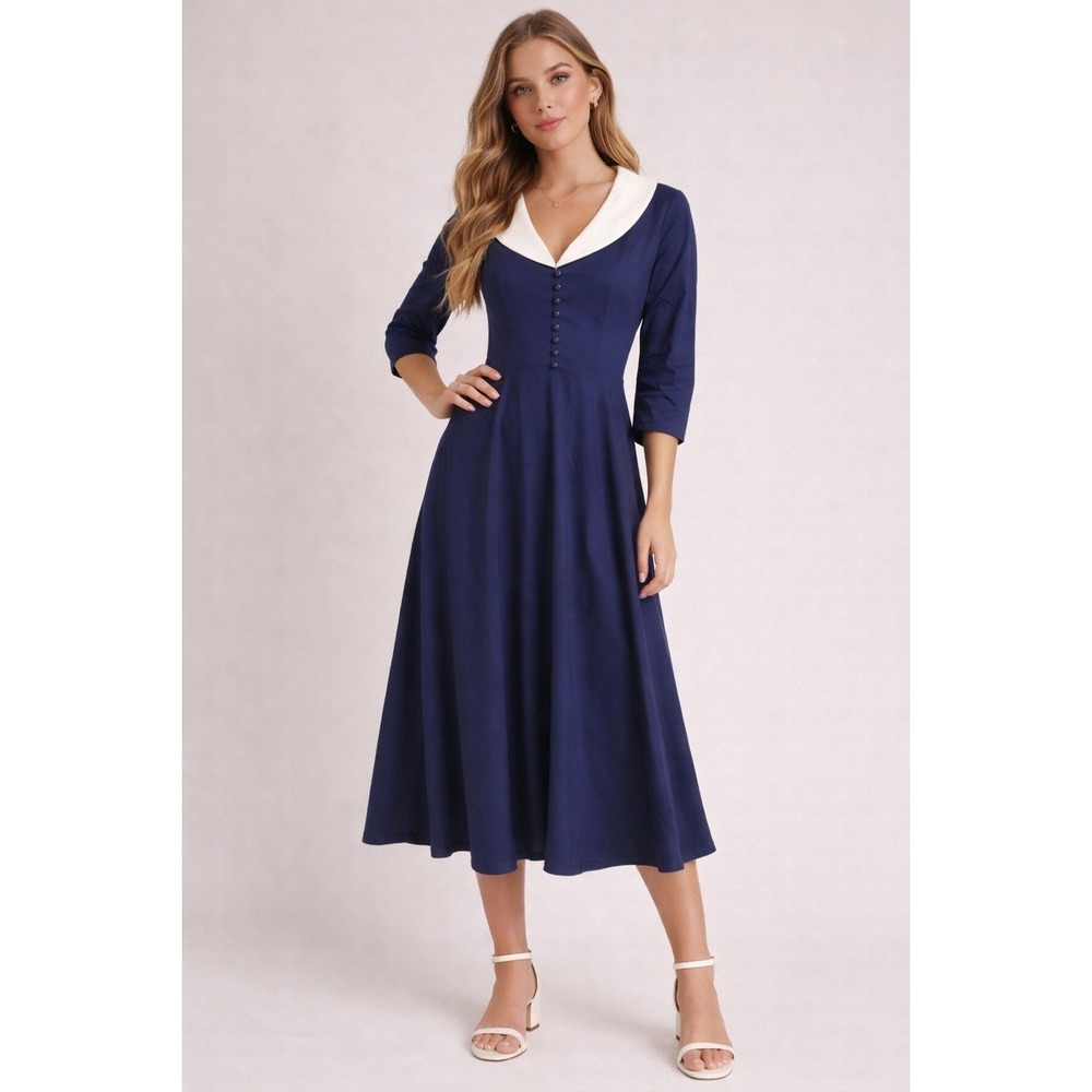 Gown Town Navy Blue Vintage 1950s Style Rockabilly Peter Pan Collar Dress Small